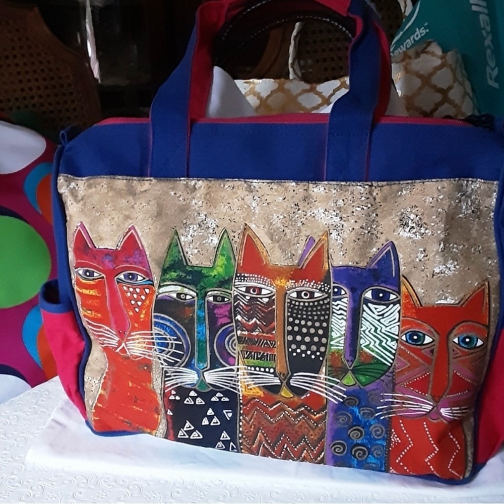 Laurel Burch Colourful Cats Canvas Tote Bag | Zippered - Picture 2 of 9